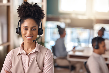 Image showing Call center woman, smile and portrait with CRM, contact us and headset for team manager in coworking office. Customer service consultant, happy or telemarketing sales female with help desk leadership