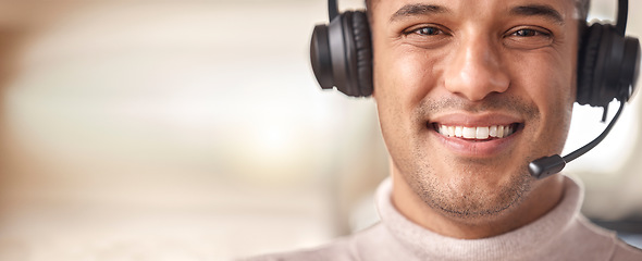 Image showing Call center man, smile and portrait in contact us, CRM and headset with mic on mockup space. Customer support banner, happy or male in telemarketing sales, help desk and consultant face in office