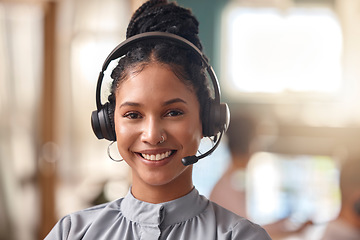 Image showing Call center woman, happy and portrait in contact us, CRM and headset with mic on mockup space. Customer service consultant, female and face smile for telemarketing sales and help desk agent in office