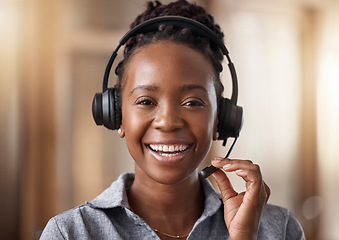 Image showing Call center, black woman smile in portrait and contact us with CRM, headset with mic and mockup. Customer service consultant, happy female and telemarketing with sales and help desk agent in office