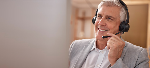 Image showing Mature man, happy or call center headset at technology in office sales and customer support, Male agent or consultant in telemarketing, telecom and crm with smile service or help desk communication