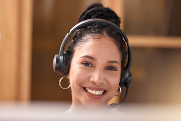 Image showing Woman, portrait and face smile in call center with headphones for customer service, support and telemarketing at the office. Happy female consultant, agent and smiling with headset for online advice