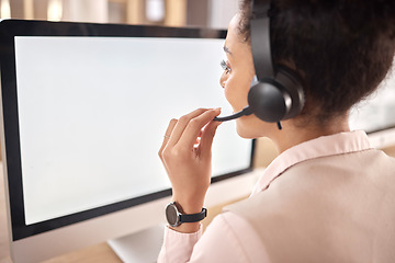 Image showing Call center, woman and computer screen with mock up in office for customer service, sales or support. Female agent, consultant or headset microphone in telemarketing, telecom and crm help desk mockup