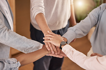 Image showing Business people, hands and teamwork in collaboration for meeting, trust or unity and community at the office. Hand of group piling hand together for celebration, success or company goals at workplace