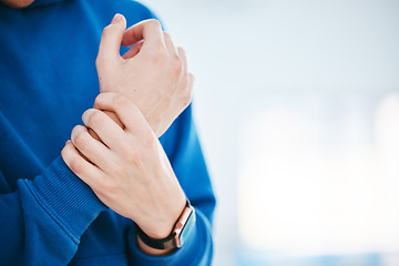 Image showing Hands, wrist pain or woman with injury after fitness exercise, sports training or workout accident. Closeup, injured athlete or girl with fibromyalgia, muscle tendinitis or broken bone on mock up