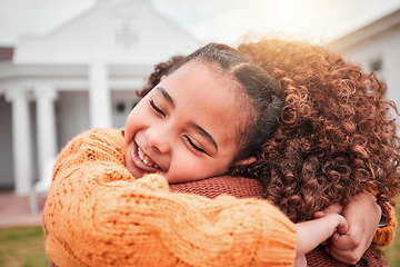 Image showing Hug, happy and smile with mother and daughter for bonding, affectionate and care in outdoors. Relax, happiness and support with woman and young girl on lawn of home for embrace, cuddle and weekend