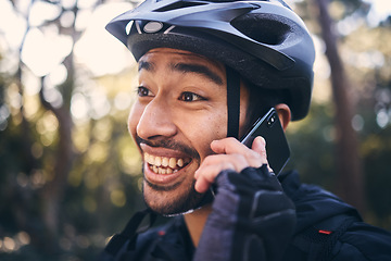 Image showing Sports, face of man and phone call outdoor for cycling, mountain bike or workout and smile in nature. Male person in forest with smartphone for communication, contact or talking fitness with helmet