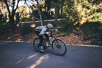 Image showing Cycling, nature and relax with man on road for training, workout or cardio exercise. Adventure, extreme sports and speed with male cyclist on bike in forest park for performance, challenge or break