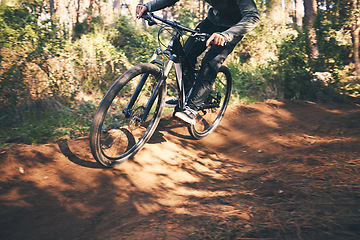 Image showing Fitness, bicycle and man outdoor on a nature path with extreme and exercise adventure. Bike, cycling and sport of an athlete with speed and workout for sports training and race action with freedom