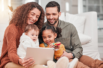 Image showing Tablet, sofa and mom, dad and children relax watching movies, cartoon and film together for quality time. Happy family, love and parents with kids on digital tech for educational games or video