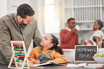 Image showing Education, homework and father with child in home for helping, learning and school lesson. Happy family, development and girl with book, educational toys and abacus for maths, study and class