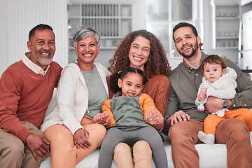 Image showing Family, portrait and children happiness in a home with mother, grandparents and baby together. Parent love, smile and dad with elderly people and child in a house living room with support and care