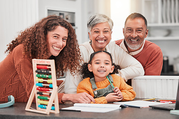 Image showing Education, homework and portrait of happy family with child for helping, learning and lesson at home. Grandparents, parents and happy girl smile with notebook, educational toys and abacus for school