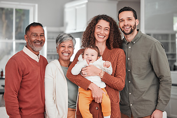 Image showing Big family, portrait and happiness in a home with mother, grandparents and baby together. Parent love, smile and dad with elderly people and happy child in a house kitchen with support and care