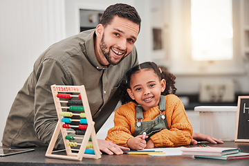 Image showing Education, homework and portrait of father with child for helping, learning and lesson at home. Happy family, school and happy dad and girl with book, educational toys and abacus for maths class