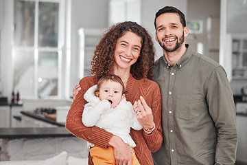 Image showing Mom, dad portrait and happiness with baby in a new home together excited. Parent love, smile and papa with happy child in a house kitchen with support and care from father and mother feeling relax