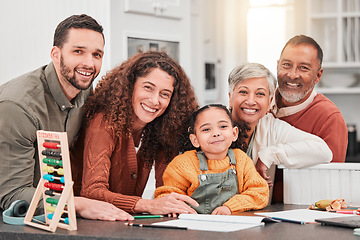 Image showing Education, homework and portrait of family with child for helping, learning and lesson at home. Grandparents, parents and happy girl with book, educational toys and abacus for maths, study and class