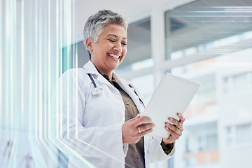 Image showing Tablet, research and happy healthcare doctor with futuristic overlay, telehealth software or hospital management app. Medical professional or indian person on digital technology in clinic data review