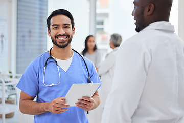 Image showing Hospital, doctor and portrait of man with tablet in clinic for insurance, wellness app and medical service. Teamwork, healthcare and health worker on digital tech for telehealth, consulting and help