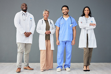 Image showing Hospital, doctors and portrait of people on wall background for insurance, wellness and medical service. Healthcare, teamwork and men and women standing in line for consulting, group and diversity