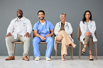 Image showing Hospital, doctor and portrait of group on chair on wall background for insurance, wellness and medical care. Healthcare, teamwork and men and women sitting in line for consulting, support and service