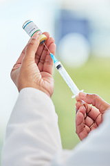 Image showing Vaccine vial, needle and hands of doctor in a medicare hospital getting ready for a monkeypox treatment. Healthcare, injection and closeup of a medical worker with a virus vaccination in a clinic.