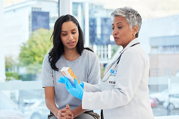 Image showing Healthcare, consultation and doctor talking to patient in a hospital explaining medication. Medicine, professional and female medical worker or specialist consulting a woman in a medicare clinic.