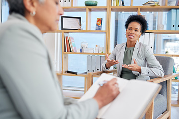 Image showing Women therapy, talking and therapist writing, counseling and psychology evaluation, professional support or help. Notebook, psychologist person listening and client speaking, career stress or problem