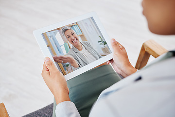 Image showing Video call, tablet screen and women in virtual therapy, counseling or psychology support, discussion and helping. Happy psychologist people talking on digital tech in webinar or online meeting chat