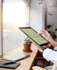 Image showing Closeup, hands and tablet for go green, planning and sustainability for environment, earth day and update website. Screen, employee and worker with device, ecology and online reading in workplace