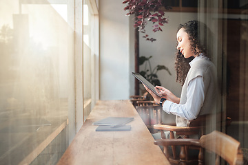 Image showing Cafe, tablet and business woman reading report, research statistics or customer experience feedback data. Restaurant store, commerce coffee shop and morning person review hospitality consumer insight