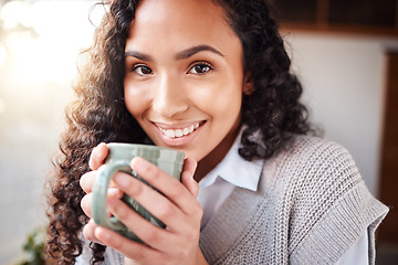 Image showing Coffee, morning and portrait of woman with smile relaxing in cafe with latte, cappuccino and espresso. Breakfast, happiness and face of girl drink hot beverage for calm, peace and enjoying weekend