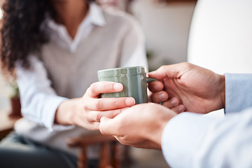 Image showing Coffee shop closeup, waiter hands and woman drinking hot chocolate, tea cup or morning beverage for hydration wellness. Restaurant service, customer espresso drink or cafe store person with latte mug