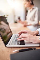 Image showing Cafe hands, laptop typing and woman review small business report, research statistics or customer experience feedback. Restaurant store, coffee shop and morning person work on hospitality insight