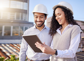 Image showing Tablet, construction site or happy engineering people in development project planning or collaboration. Teamwork, digital or industrial designer in meeting with a manager for office building strategy