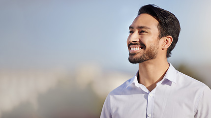 Image showing Ideas, business and Asian man with smile, thinking and mockup with future, success and wondering expression. Japanese male ceo, worker and executive with happiness, growth and decision for solution