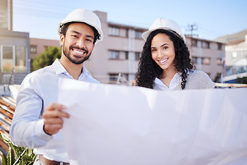 Image showing Blueprint, construction site or engineering people portrait in development project planning or collaboration. Teamwork, smile or happy industrial designers and architecture paper, manager or building