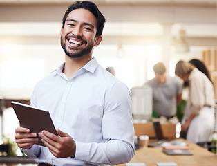 Image showing Tablet, architecture or portrait of an engineer man in his office reading an online blueprint. Technology, building and planning with happy architect leading construction project with digital design