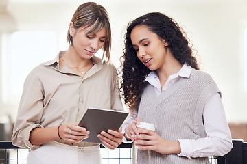 Image showing Modern office, coworkers and women with tablet reading email, website or checking social media on coffee break. Digital information, research and online content, businesswomen on web search together.