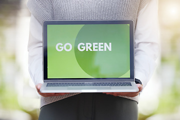 Image showing Person, screen or laptop of go green, sustainability or eco friendly conservation website for planet earth. Recycle, technology or global message for carbon footprint, clean energy and climate change