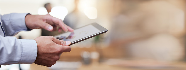 Image showing Tablet, architect hands and mockup space in office for construction design with software ux, woman and web. Architecture mock up, mobile touchscreen and typing for house, development or sketch on app