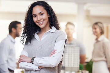 Image showing Architect woman, smile in portrait and arms crossed, confidence and happiness in architecture meeting with team leader. Property development, female in business and happy with engineering and success