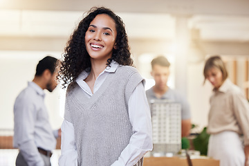 Image showing Architect woman, smile in portrait with confidence and happiness in architecture meeting with team leader. Property development, female in business and happy with engineering and success in project