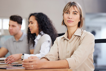 Image showing Business woman in meeting, portrait and leadership with collaboration, project management and team leader. Female in corporate, success and career growth with professional mindset in conference room