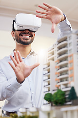 Image showing Architect, happy man and virtual reality architecture model, construction and building, future technology and UX. VR goggles, design and engineering, metaverse and simulation of property development