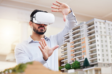 Image showing Architect, man and VR architecture model, construction and building with future technology and UX. Virtual reality goggles, design and engineering, metaverse and simulation of property development