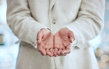 Image showing Support, charity and hands of woman open for giving, begging and receive donation in office. Business, gratitude and palms of female with asking gesture for community aid, thank you and helping