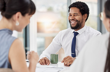 Image showing Business, team and black man in meeting, planning and new project with happiness, success or talking. African American male leader, employees or staff brainstorming, smile or discussion for ideas