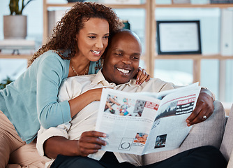 Image showing Couple, happy and reading newspaper in home, living room and check article information. Man, woman and smile in house with local magazine, print media and knowledge of international news in paper