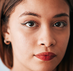 Image showing Serious, face and closeup of portrait of woman with youth feeling confident. Vision, young person and female model with girl empowerment and thinking of memories with relax contemplation